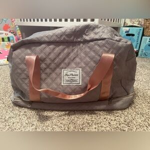 Gray Quilted Duffel Bag with Pink Straps